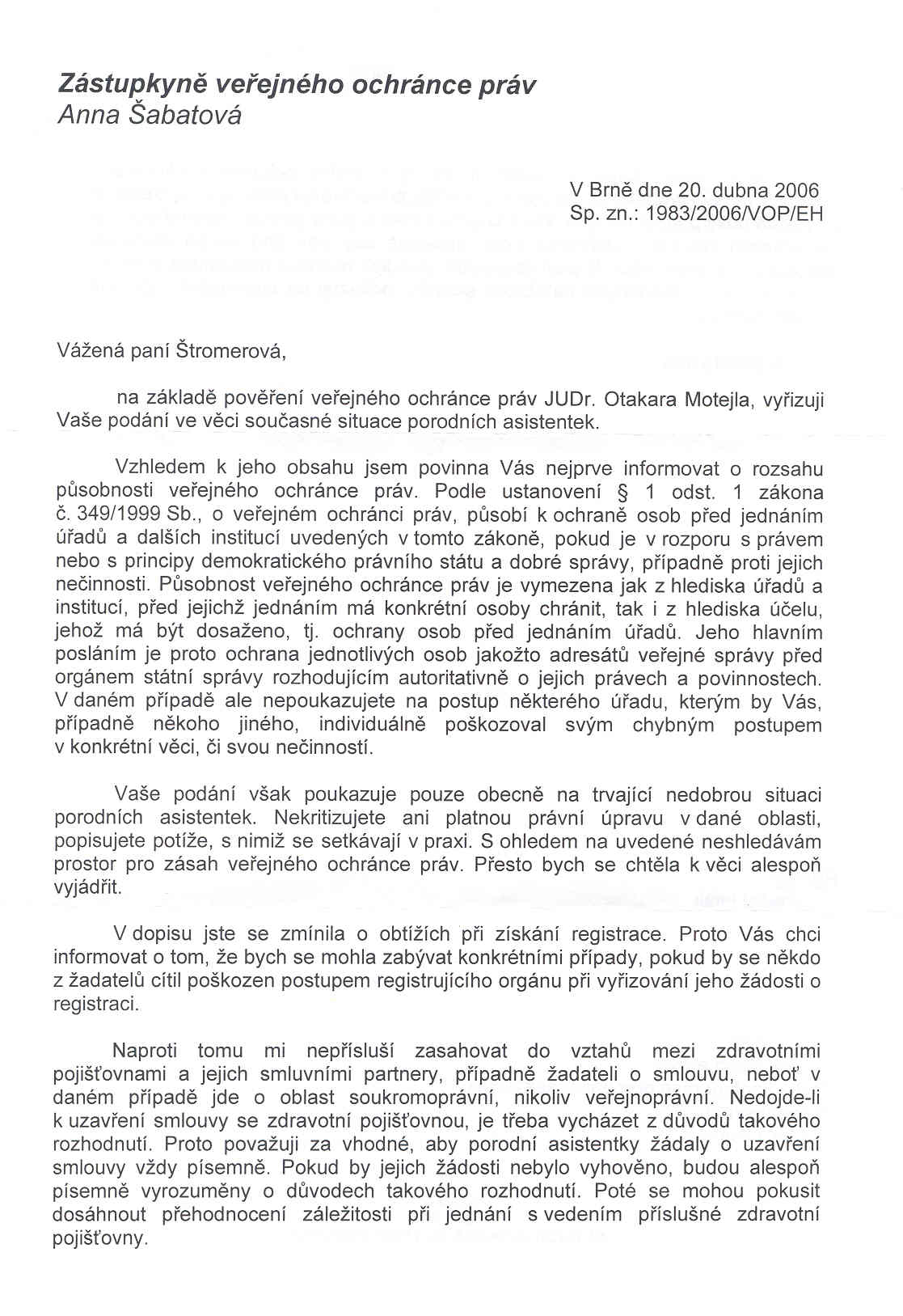 Šabatová 1. strana Dopis od Šabatové