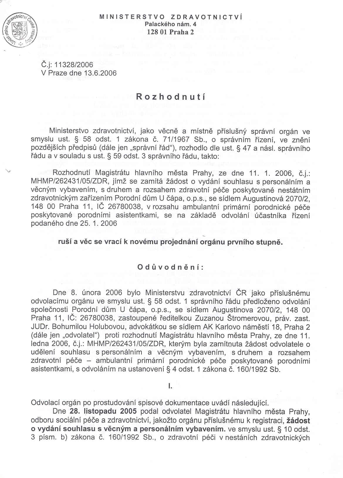 Rozhodnutí MZČR 1. strana Rozhodnutí MZČR