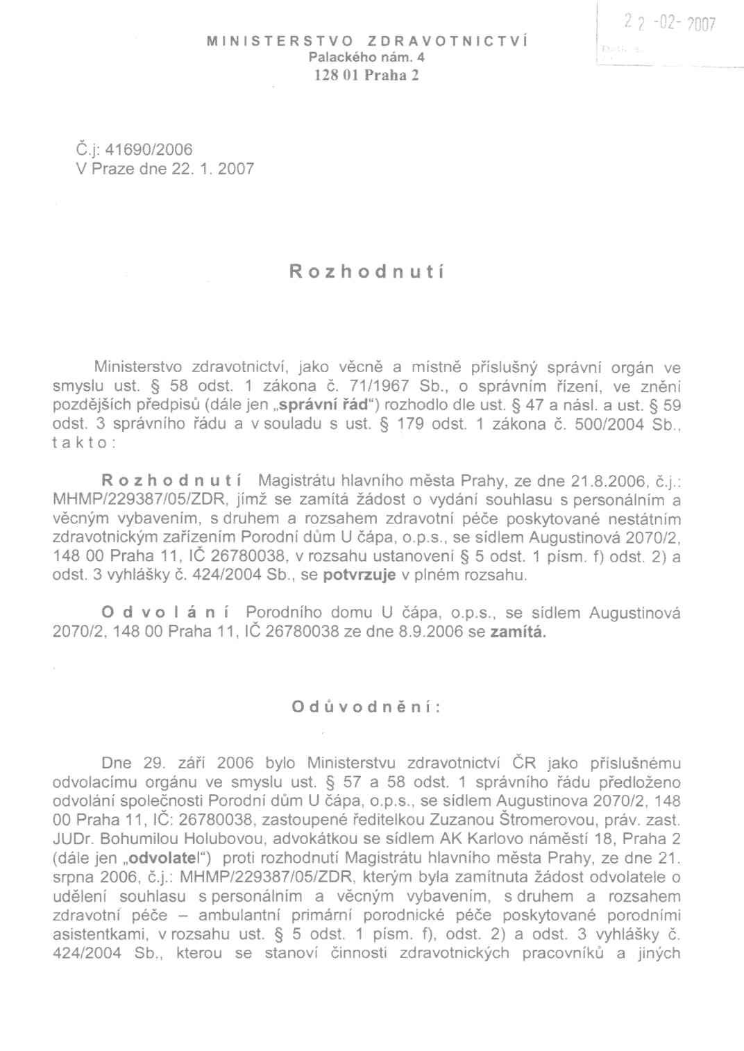 Rozhodnutí MZČR - 1. strana Rozhodnutí MZČR - 1. strana